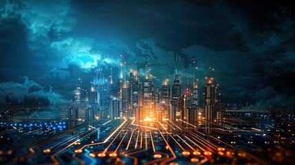 Fototapeta premium Futuristic Cityscape Connected by Digital Network