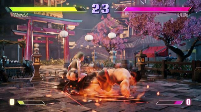 Player controlling a female hero in the martial arts action console game. Player failing to kill the enemy in a console game match. Player defeat by the rival in a console game fight. Loss.