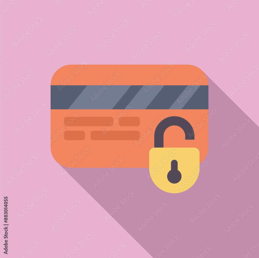Poster unlocked padlock on a credit card representing financial data vulnerability and security breach