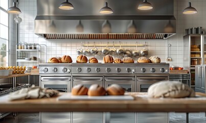Fototapeta premium Commercial professional bakery kitchen and stainless steel convection bread bun baking in deck oven kneading machine pasta dough on table cabinet, Generative AI