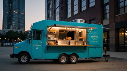 Ocean blue food truck with a modern and minimalistic design, serving gourmet wedding appetizers and drinks at an urban venue.