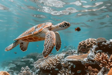 Fototapeta premium A sea turtle swimming near a coral reef, reflecting marine conservation efforts