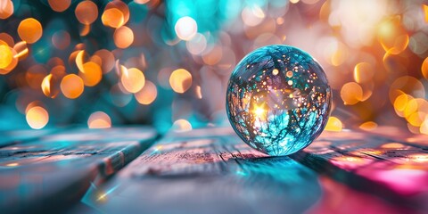 Glass Sphere Reflecting Lights on Wooden Surface