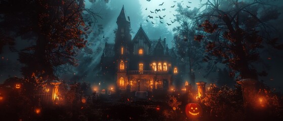 Enchanted Gothic Mansion with Halloween Decorations and Glowing Jack-o'-Lanterns in a Spooky Forest