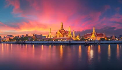 Naklejka premium AI generator image of Photograph of Wat Phra Kaew, Bangkok, Thailand at night and the fireworks display and the translation drone with lights, very beautiful.Panorama landscape view
