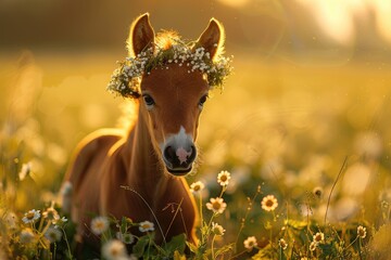 A foal with a wreath of flowers. A small brown horse lies in green field on a background of rays. domestic animal