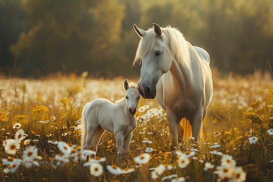 A white mare with a foal on a green field. A horse with foal in a flower field. Mother with child.