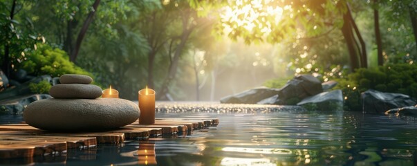 Zen garden with stones, candles and a peaceful river.