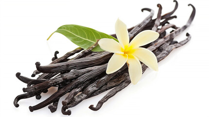 Vanilla pods with a yellow flower and green leaf on a white background