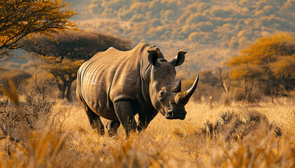 Obraz premium Africa Rhinos, Rhinoceros in African savannas, Nature Wallpaper Background with Copy Space