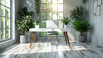 Fototapeta premium Minimalist Home Office with Plants and Natural Light