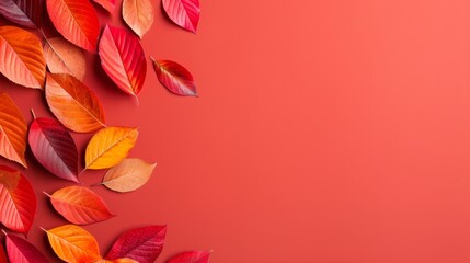 Autumn leaves in various shades of red, orange, and yellow arranged on a vibrant coral background, perfect for seasonal designs and backgrounds.