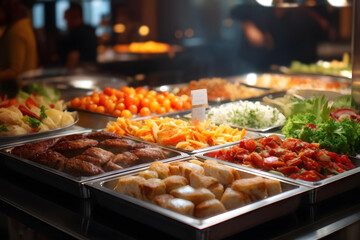 Obraz premium A sumptuous buffet with metal containers filled with delectable food. The cozy atmosphere invites guests to explore the diverse culinary offerings