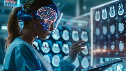 Using a digital tablet with futuristic interface and holographic digital hologram, female surgeon analyzes patient brain with human anatomy using medical technology and science.