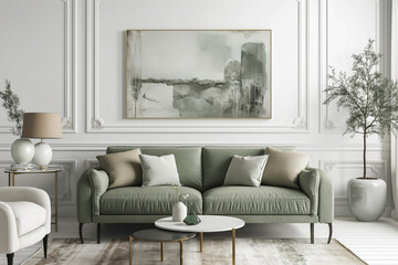 Obraz premium a green living room interior with a blue sofa and a small table