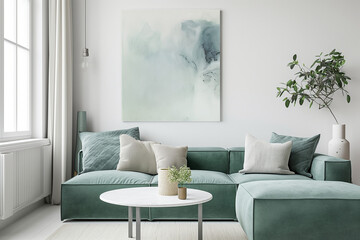a green living room interior with a blue sofa and a small table