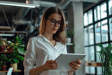 Fototapeta premium Businesswoman works in office with a tablet