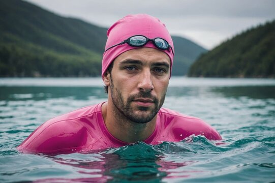 Man swimming in pink cap