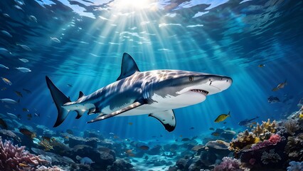 Hammerhead shark glides through the crystal clear waters sunlight filtering through the surface, Ai Generated