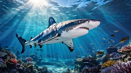 Fototapeta premium Hammerhead shark glides through the crystal clear waters sunlight filtering through the surface, Ai Generated
