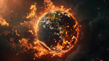 A world surrounded by flames which is a symbol of global warming The flame should be strong and bright. Emphasizing the urgency of the problem, dark background