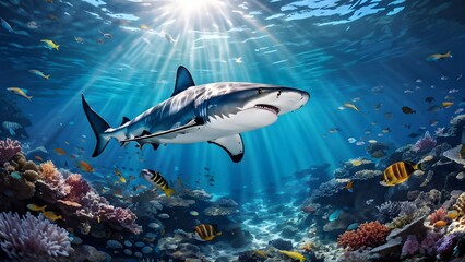 Obraz premium Hammerhead shark glides through the crystal clear waters sunlight filtering through the surface, Ai Generated