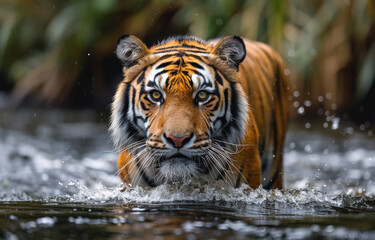 A tiger is swimming in a river. The tiger is looking at the camera. The water is calm