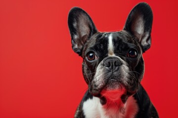 Fototapeta premium Black French Bulldog on red background. A bulldog puppy lies on a bright red cloth. Pet. Animal