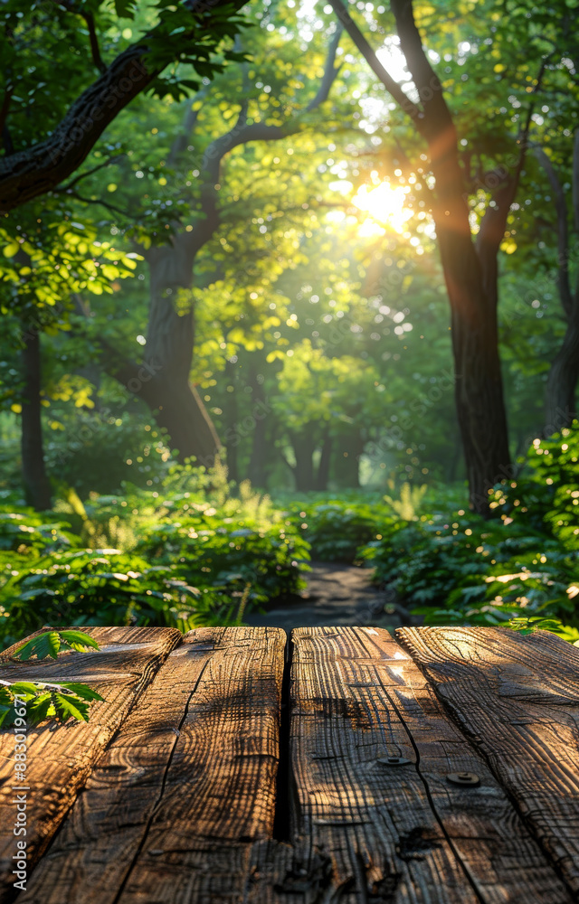 Poster a wooden table with a view of a forest. the sun is shining through the trees, creating a warm and pe