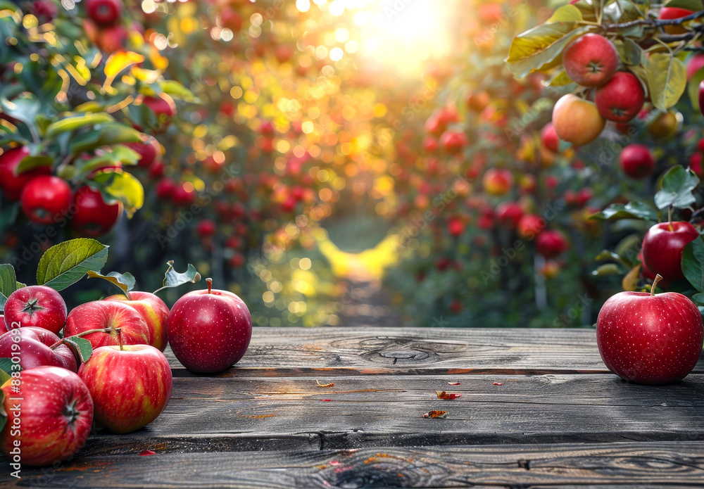 Poster a table with a bunch of apples on it. the apples are red and shiny. the table is wooden and has a ru
