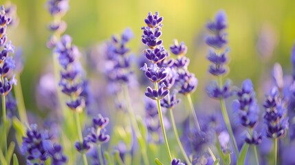Naklejka premium Fragrant blue lavender flowers blossoming on vast field in peaceful summer farmland. 