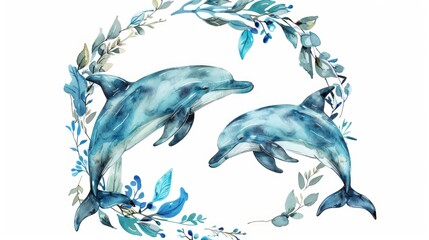 Hand drawn ocean themed dolphin wreath design