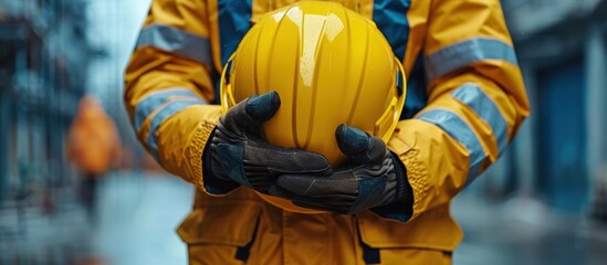 Close-up of Construction Worker Holding a Yellow Hard Hat