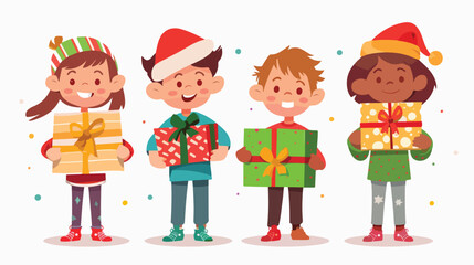 Four of Kids Holding Opening Getting Christmas New Year