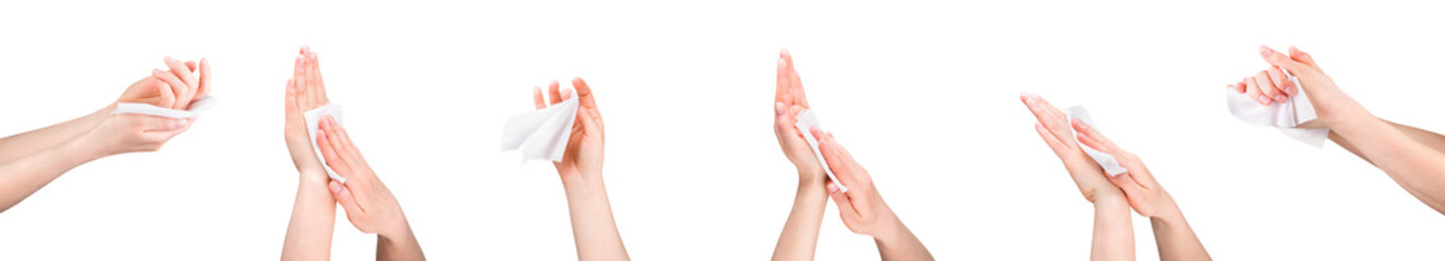 Woman hand use antibacterial wet wipes or tissue isolated on a white background