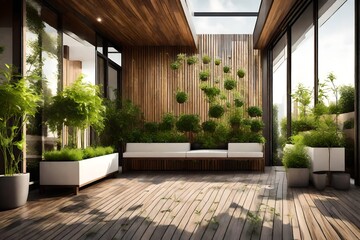 Beautiful of modern terrace with wood deck flooring and fence, green potted flowers plants.