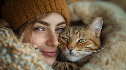 Woman cuddling with a cat in cozy winter clothing, ideal for pet and winter content