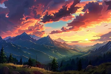 Anime styled mountain range at sunset landscape, anime, mountain, sunset, landscape, scenic, nature, ART, animation, sky
