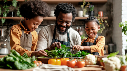 Naklejka premium the joy of family togetherness as an african american father and his two sons happily prepare a colorful array of fresh vegetables and greens, sharing laughter and healthy eating moments 