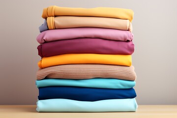 Stack of folded clothes on wooden table, closeup. Space for text
