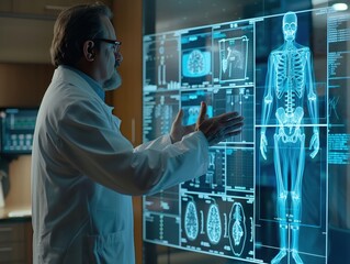 Holographic medical imaging, doctor with digital interface, advanced diagnostics