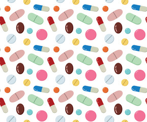 Seamless pattern with cute pills and capsules. Vector flat background