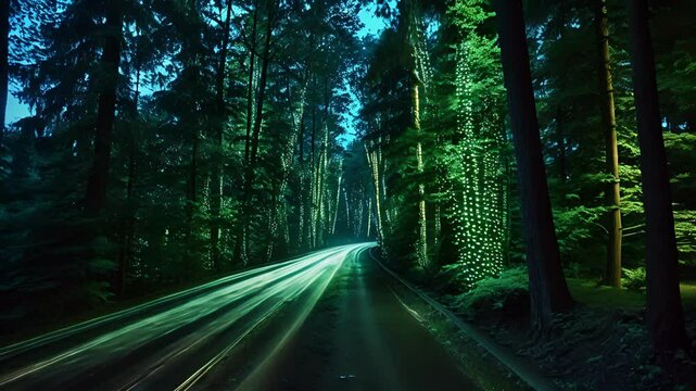 The dense forest is illuminated by the intricate patterns of car light trails showcasing the beauty of nature and human innovation coexisting.