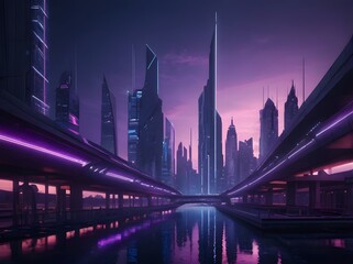 Futuristic cityscape with neon lights and geometric buildings Generated by Ai 