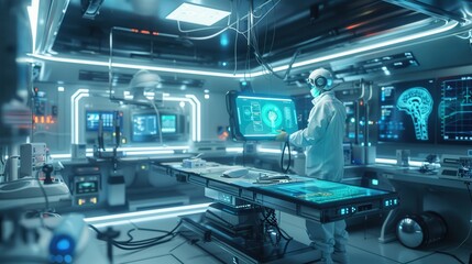 Robotic medical scribe, doctor using holographic notes, futuristic healthcare setting