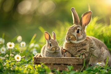 A rabbit with little rabbits on a green field in summer. Rabbits on field with white daisies. Field flowers. A wild animal. Pet.
