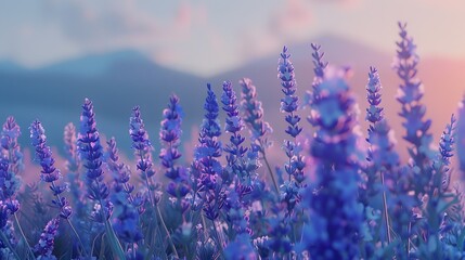 Fototapeta premium Fragrant blue lavender flowers blossoming on vast field in peaceful summer farmland. 
