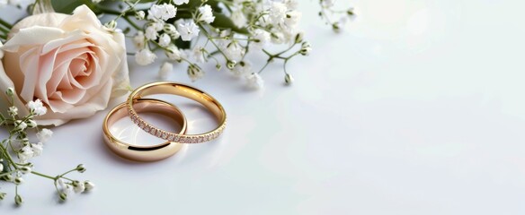 A pair of gold wedding rings with a delicate pastel pink rose and baby's breath flower bouquet on a white background