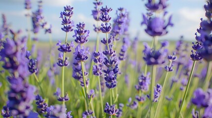 Fragrant blue lavender flowers blossoming on vast field in peaceful summer farmland. 