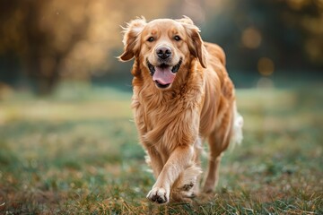 A golden retriever runs in park. A large purebred dog on green grass. labrador Pet. Animal